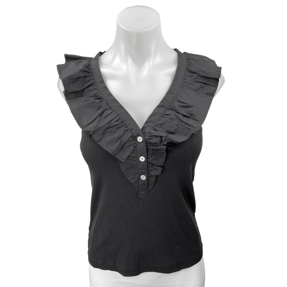 Ann Taylor LOFT Black Sleeveless Rib Knit Ruffle V-Neck Tank Top Blouse Size XS